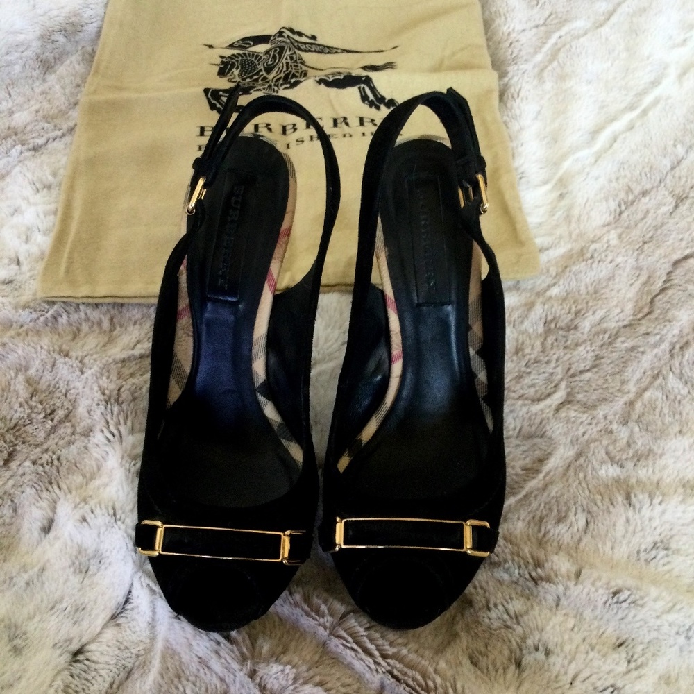 Black suede peep toe platform Burberry heels size 37.5